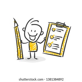 Smiling Business Stick Figure Stickman Checking A Checkinglist Vector