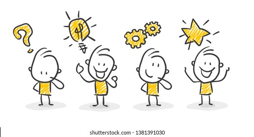 Smiling Business Stick Figures With Question Mark, Lightbulb, Gears and Star Concept Teamwork Vector