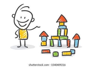 Smiling Business Stickman With Building Blocks