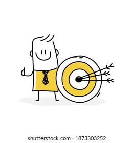 Smiling business stickman next to a large target. Talent search concept. Vector illustration.