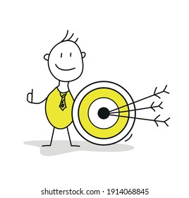 Smiling business stickman next to a large target. Talent search concept. Vector illustration.