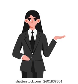 smiling business woman in black suit presenting, flat vector illustration