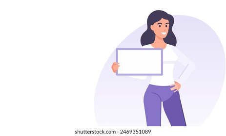 Smiling business woman with board signboard advertising banner design template vector flat illustration. Cartoon female character showing billboard copy space commercial product presentation