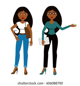 Smiling business woman. Cartoon african and indian girl with laptop, bag, glasses. Young businesswoman, isolated on white background. Flat style vector illustration of full body detailed character