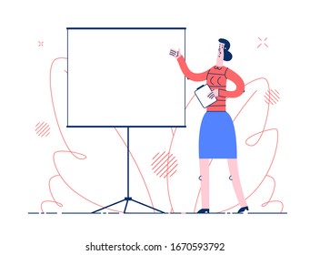 Smiling business woman character standing near the white board and giving a presentation. Business Concept Vector Illustration.