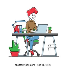 Smiling Business Woman or Freelancer Working on Laptop Sitting at Desks with Coffee Cup Work on Tasks. Freelance or Office Occupation, Working Activity, Online Services. Linear Vector Illustration