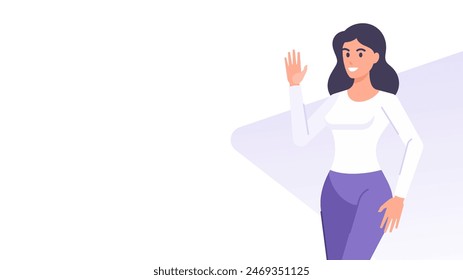 Smiling business woman greeting welcome banner design template vector flat illustration. Casual cartoon female character waving hand hi hello friendly gesture commercial advertising copy space poster