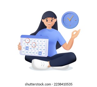 Smiling business woman holding calendar and clock. Deadlines, day schedule planning business plan. Time management, timing, self organization, business planning concept. 3d render vector people