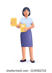 Smiling Business Woman Holding Paper Documents. Office Worker, Business Woman, Secretary Concept. 3d Vector People Character Illustration. Cartoon Minimal Style.