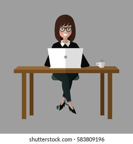 Smiling business woman with laptop and coffee. Office worker. Flat illustration. Hand drawn vector design.