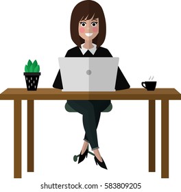 Smiling business woman with laptop , plant and coffee. Office worker. Flat illustration. Hand drawn vector design.