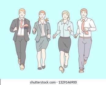 Smiling business woman and man running together towards viewer. Determined business runner colleagues people group. Team, motivation & determination. Flat line vector character illustration