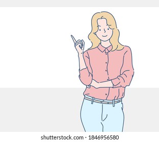 Smiling business woman pointing up and confident. Hand drawn in thin line style, vector illustration.