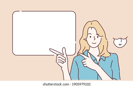 Smiling business woman pointing finger at copy space. Hand drawn in thin line style, vector illustrations. (A Mask can be removable)