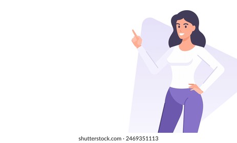 Smiling business woman pointing finger copy space banner design template vector flat illustration. Cartoon female character pointer forefinger attention shopping recommendation presenting advertising