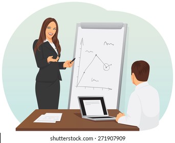 Smiling business woman pointing to the flip chart with a scheme. Meeting and brainstorming.