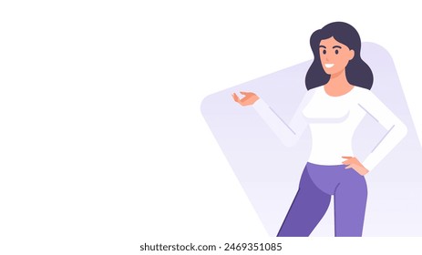 Smiling business woman presenting advertising banner copy space design template vector flat illustration. Cartoon female character showing pointing attention recommend advice product service promo