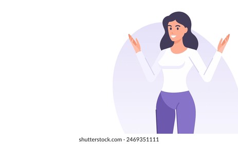 Smiling business woman presenting welcome gesture banner design template vector flat illustration. Cartoon female character with raising hands gesturing greeting attention announcement advertising