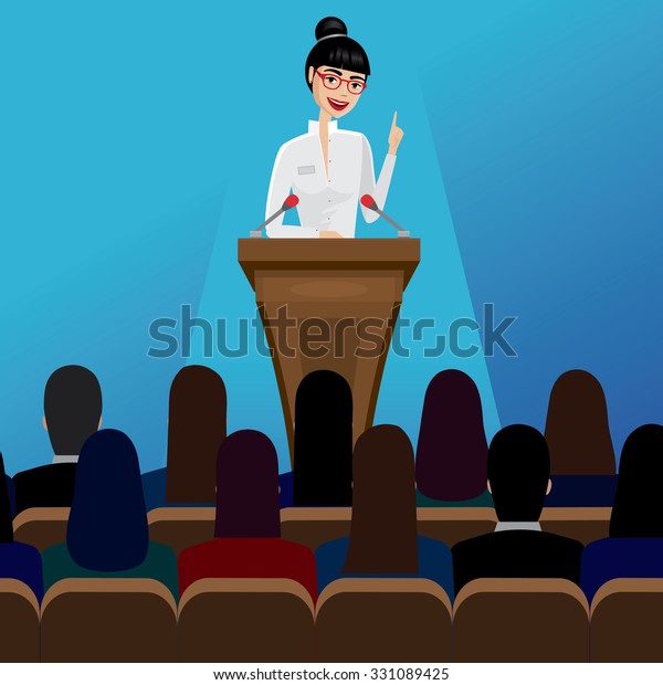 Smiling business woman public speaker staying in the pulpit on conference