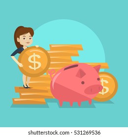 Smiling business woman putting money in a big pink piggy bank. Young caucasian business woman saving her money in piggy bank. Concept of saving money. Vector flat design illustration. Square layout.