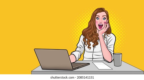 Smiling business woman sitting with laptop  Pop Art Comic Style