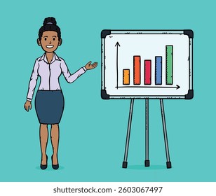 Smiling business woman standing near flipchart. There is a linear graph on the flipchart. Woman pointing at the graph. Hand drawn vector art.