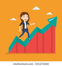 Smiling business woman standing on profit chart. Caucasian successful business woman running along the profit chart. Concept of business profit. Vector flat design illustration. Square layout.