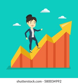 Smiling business woman standing on profit chart. Asian successful business woman running along the profit chart. Concept of business profit. Vector flat design illustration. Square layout.