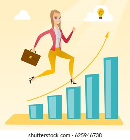 Smiling business woman standing on profit chart. Caucasian successful business woman running along the profit chart. Concept of business profit. Vector flat design illustration. Square layout.