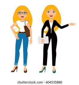 Smiling business woman in suit and casual clothes. Cartoon blonde girl with laptop, bag, glasses. Young businesswoman, isolated on white. Flat style vector illustration of full body detailed character
