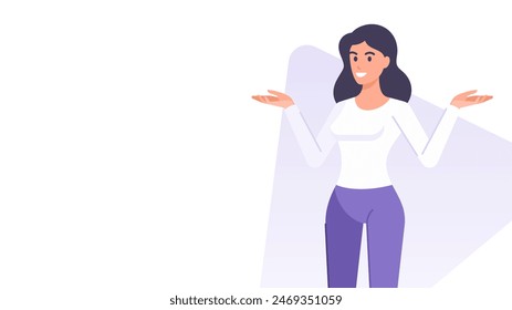 Smiling business woman surprise doubt gesture banner design template vector flat illustration. Cartoon female presenting welcome greeting friendly gesturing commercial advertising copy space poster