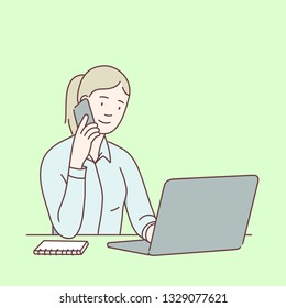 Smiling business woman talking on mobile phone & working on laptop computer at desk in office or at home. Businesswoman typing on laptop. Secretary occupation. Flat line vector illustration