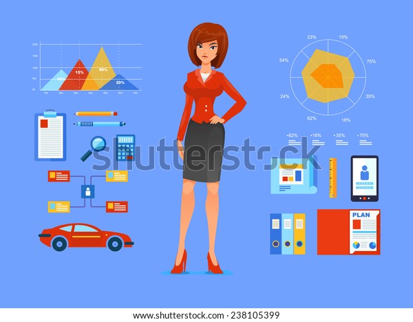 Smiling\
business woman  vector Illustration of cartoon (boss, manager)\
greeting for advertising and\
presentation.