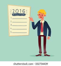 Smiling businessman with 2016 new year resolutions list vector cartoon illustration