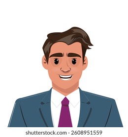 Smiling businessman in blue suit and purple tie, corporate avatar for professional presentations
