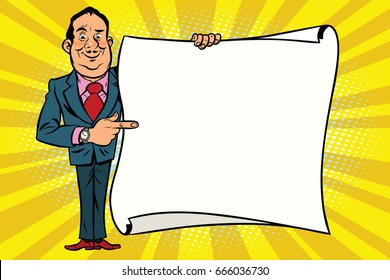 Smiling businessman boss showing on the mockup copy space poster