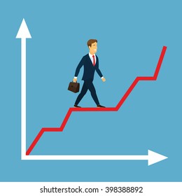 Smiling businessman with briefcase in hand walks on the red rising up schedule. Successful businessman with a growing chart. Economic growth concept in isometric flat design. Growth charts. Vector.