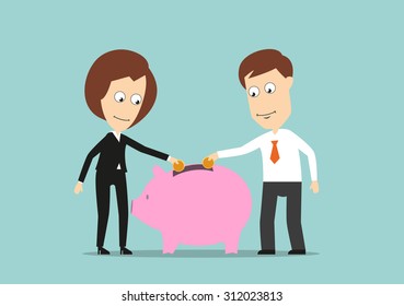Smiling businessman and business woman putting golden coins in piggy bank, for teamwork or investment fund concept design. Cartoon flat style