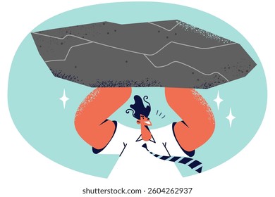 Smiling businessman carry boulder show power and strength at workplace. Happy male employee hold rock in hands strive with difficult job. Work burden. Vector illustration.