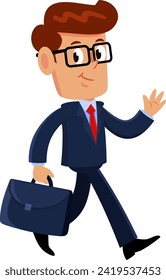 Smiling Businessman Cartoon Character Walking To Work With Briefcase And Waving. Vector Illustration Flat Design Isolated On Transparent Background