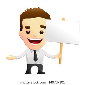Smiling Businessman Character Holding A Sign