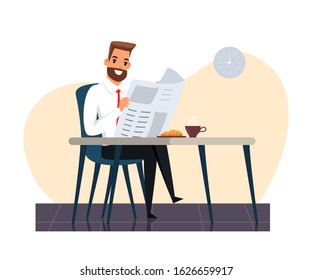 Smiling businessman character sitting on chair at table and reading newspaper during coffee break in office. Lunch time and snacking. Man having rest, receiving pleasant news. Vector illustration