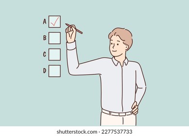 Smiling businessman check gap make decision. Happy male employee engaged in multiple choice test question. Vector illustration. 