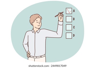 Smiling businessman check gap make decision. Happy male employee engaged in multiple choice test question. Vector illustration.