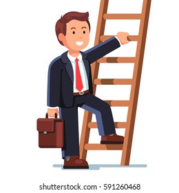 Smiling businessman climbing up the career ladder. Successful business development. Professional growth and promotion concept. Flat style modern vector illustration isolated on white background.