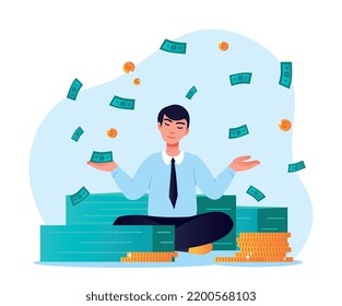 El concepto de empresario sonriente. El tipo se sienta en la pose del loto y captura billetes cayendo del cielo. Empresario o inversor exitoso, ganador de lotería. Alfabetización financiera. Dibujo vectorial plano de dibujos animados