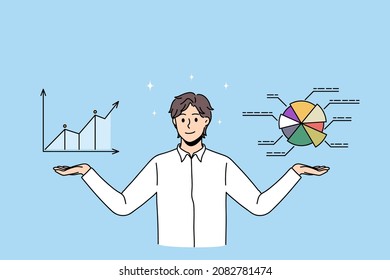 Los hombres de negocios sonrientes consideran gráficos y gráficos, hacen análisis de mercados financieros. Feliz trabajador o empleado masculino analiza estadísticas de finanzas e investigación. Concepto de plan de negocios. Ilustración vectorial. 