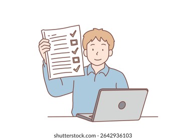  Empresário sorridente demonstra formulário preenchido. Gerenciamento de tempo e sucesso.  Homem feliz sentado à mesa mostrando o documento com todas as tarefas concluídas. Ilustrações de design de vetor de estilo desenhado à mão.