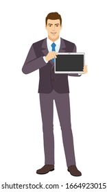 Smiling Businessman with digital tablet. Full length portrait of Businessman in a flat style. Vector illustration.