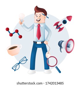 Smiling businessman dressed in a blue shirt with icons around - rocket, megaphone, magnifying glass, mug, glasses. Vector character with a light bulb, computer mouse in hand and pencil behind the ear